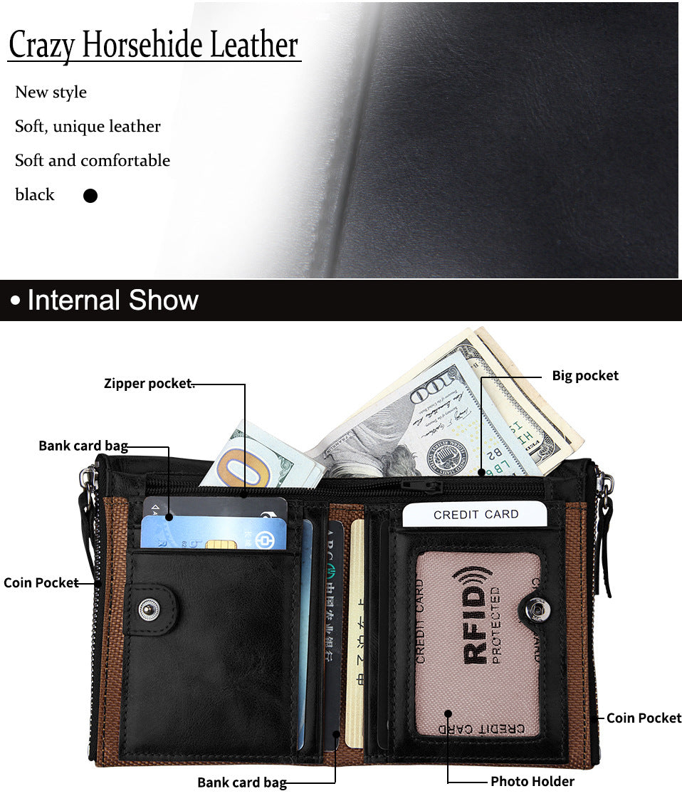 A296  Crazy Horse Leather Men's Wallet RFID-Protected Short-Style Men's Billfold with Dual Zippers and Coin Pocket