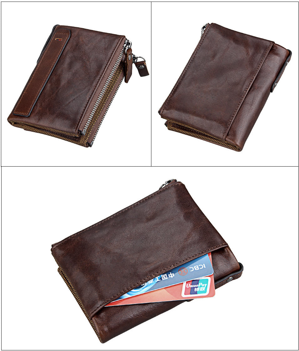 A296  Crazy Horse Leather Men's Wallet RFID-Protected Short-Style Men's Billfold with Dual Zippers and Coin Pocket