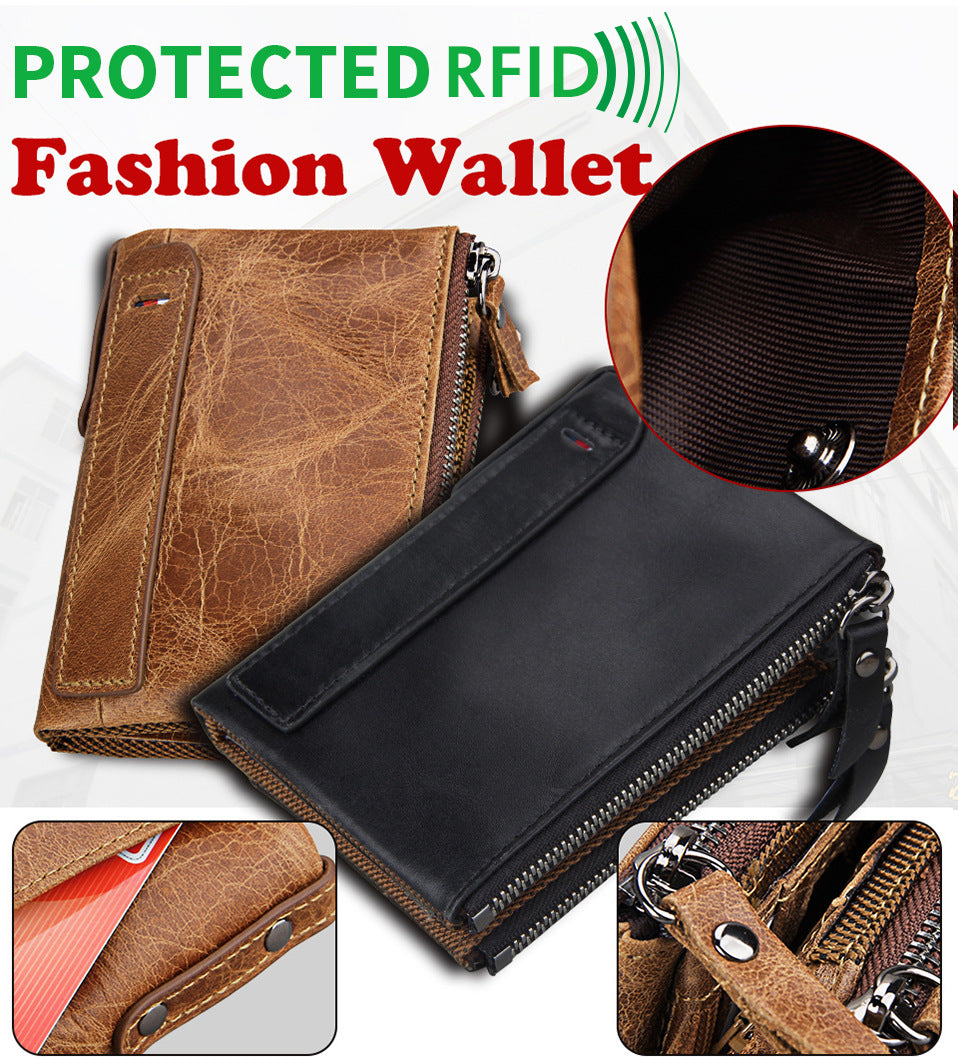 A296  Crazy Horse Leather Men's Wallet RFID-Protected Short-Style Men's Billfold with Dual Zippers and Coin Pocket