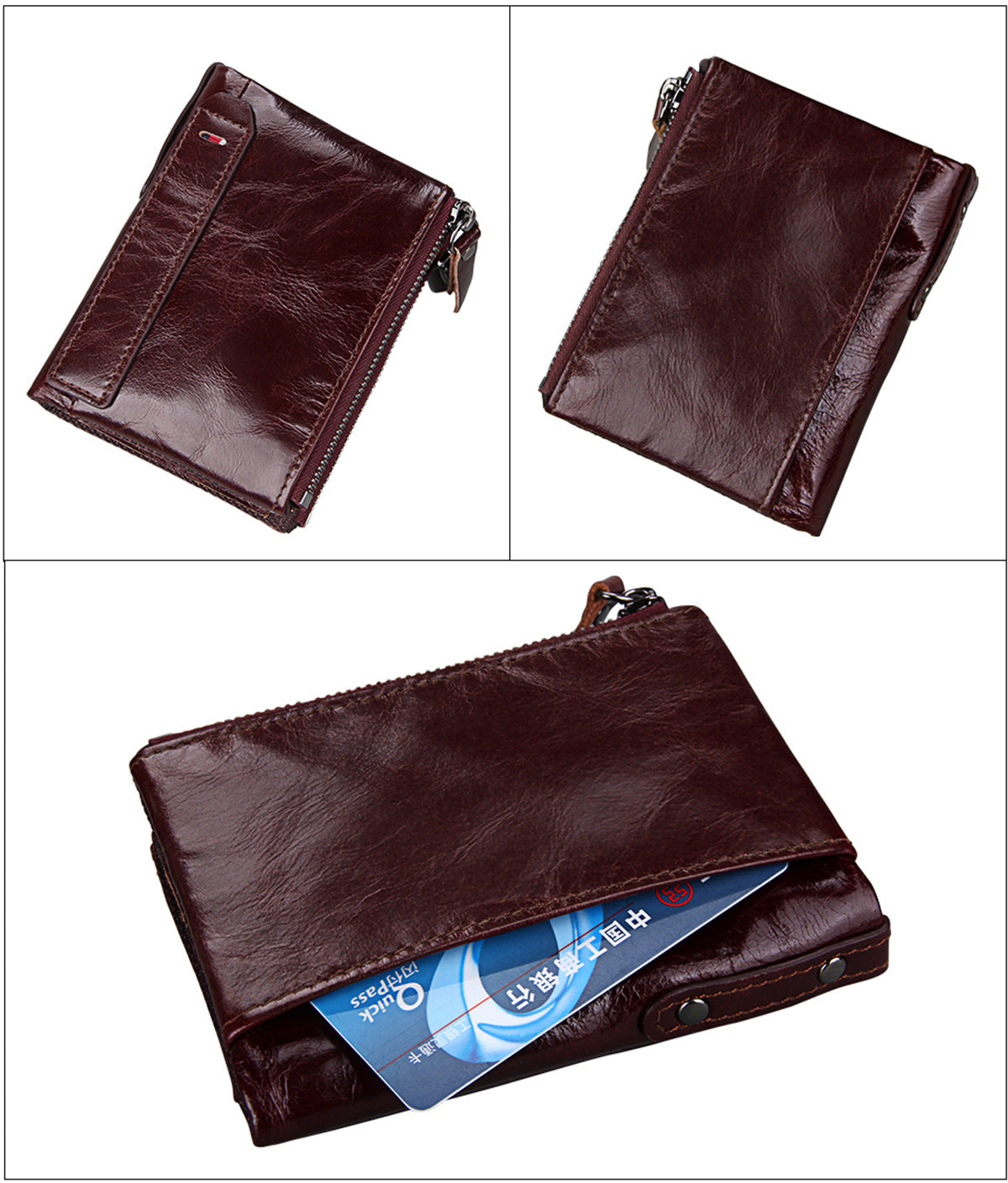 A296  Crazy Horse Leather Men's Wallet RFID-Protected Short-Style Men's Billfold with Dual Zippers and Coin Pocket