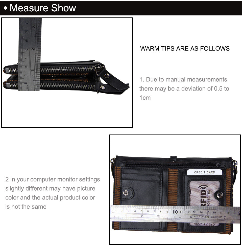 A296  Crazy Horse Leather Men's Wallet RFID-Protected Short-Style Men's Billfold with Dual Zippers and Coin Pocket