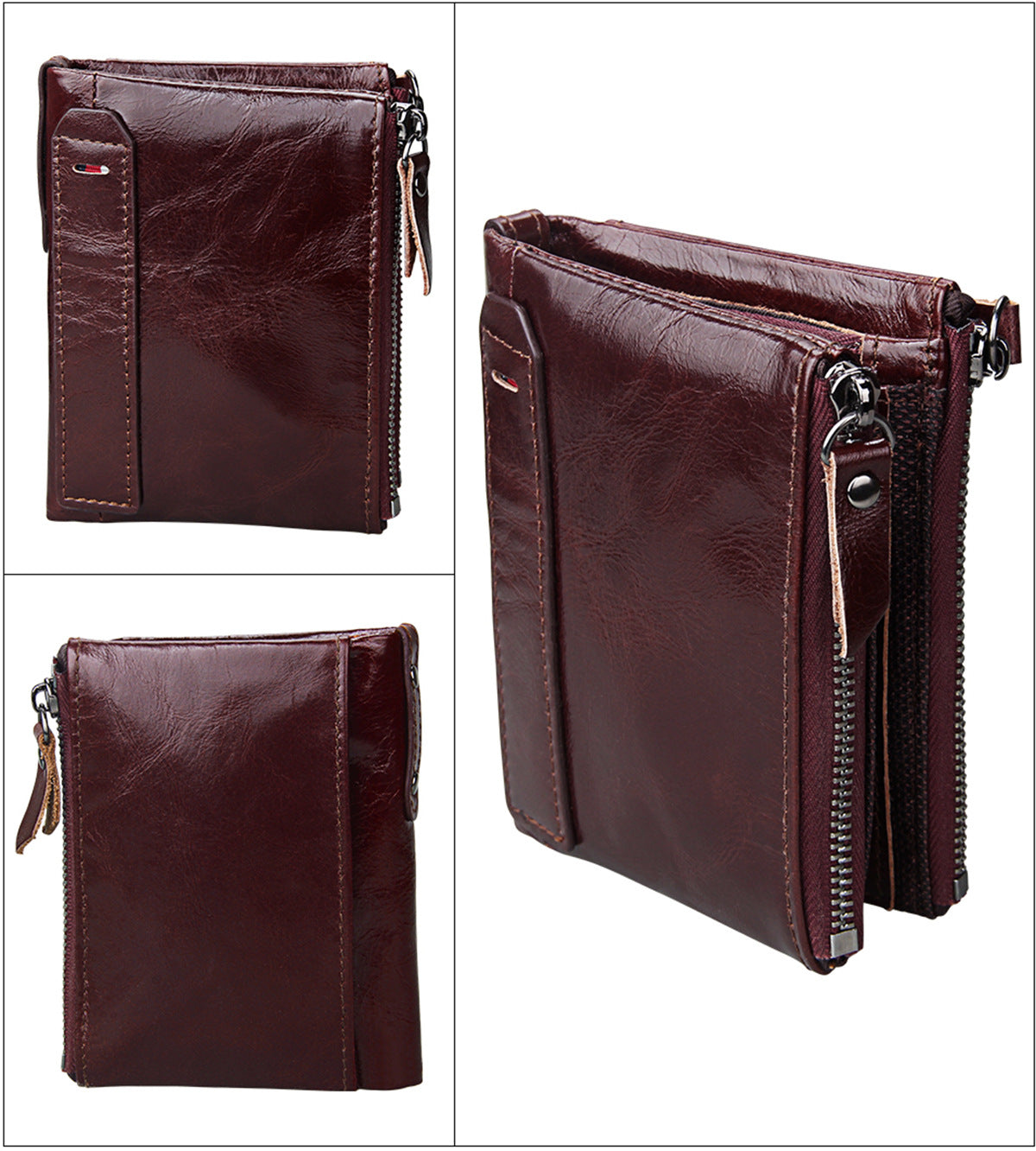 A296  Crazy Horse Leather Men's Wallet RFID-Protected Short-Style Men's Billfold with Dual Zippers and Coin Pocket