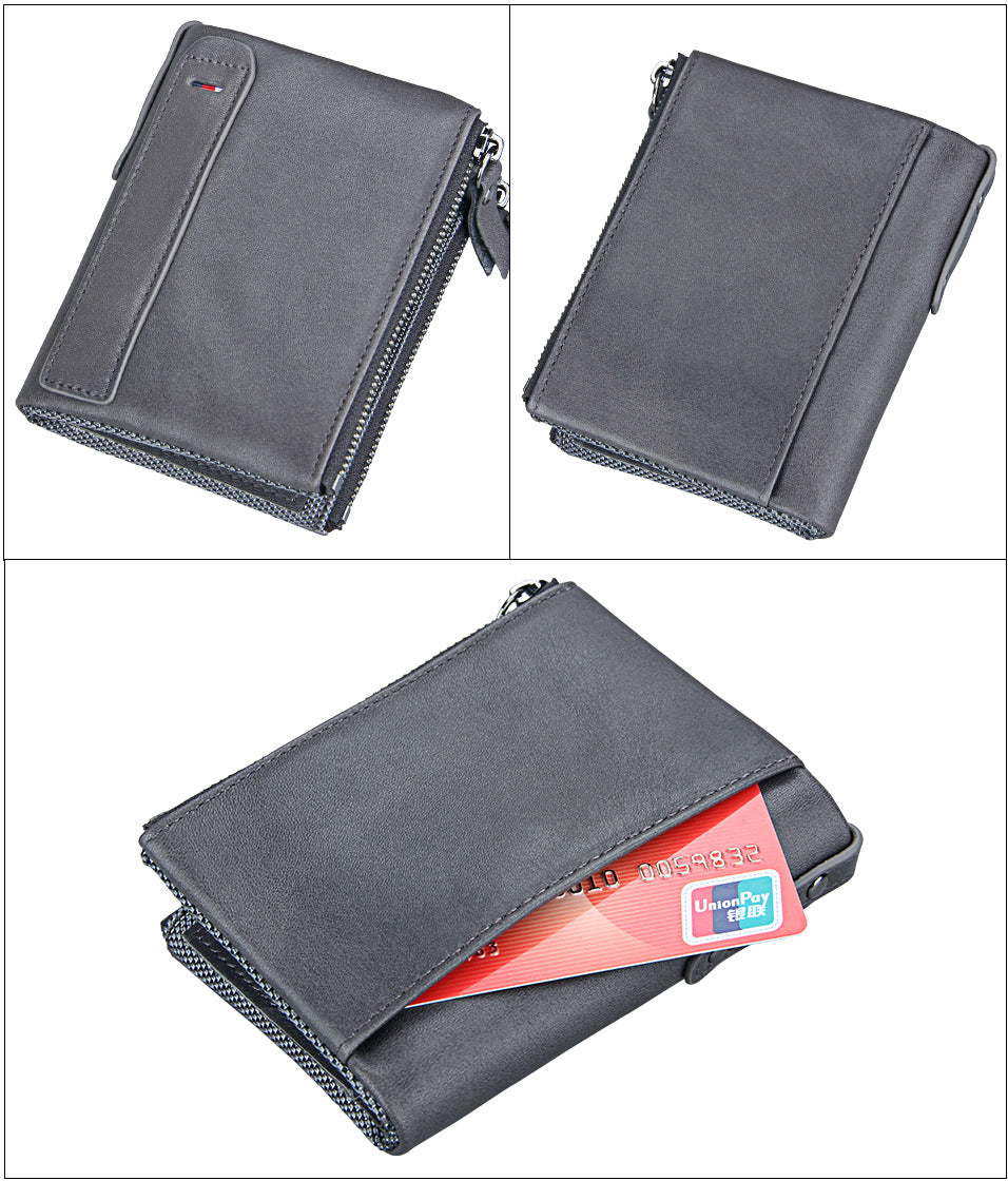 A296  Crazy Horse Leather Men's Wallet RFID-Protected Short-Style Men's Billfold with Dual Zippers and Coin Pocket