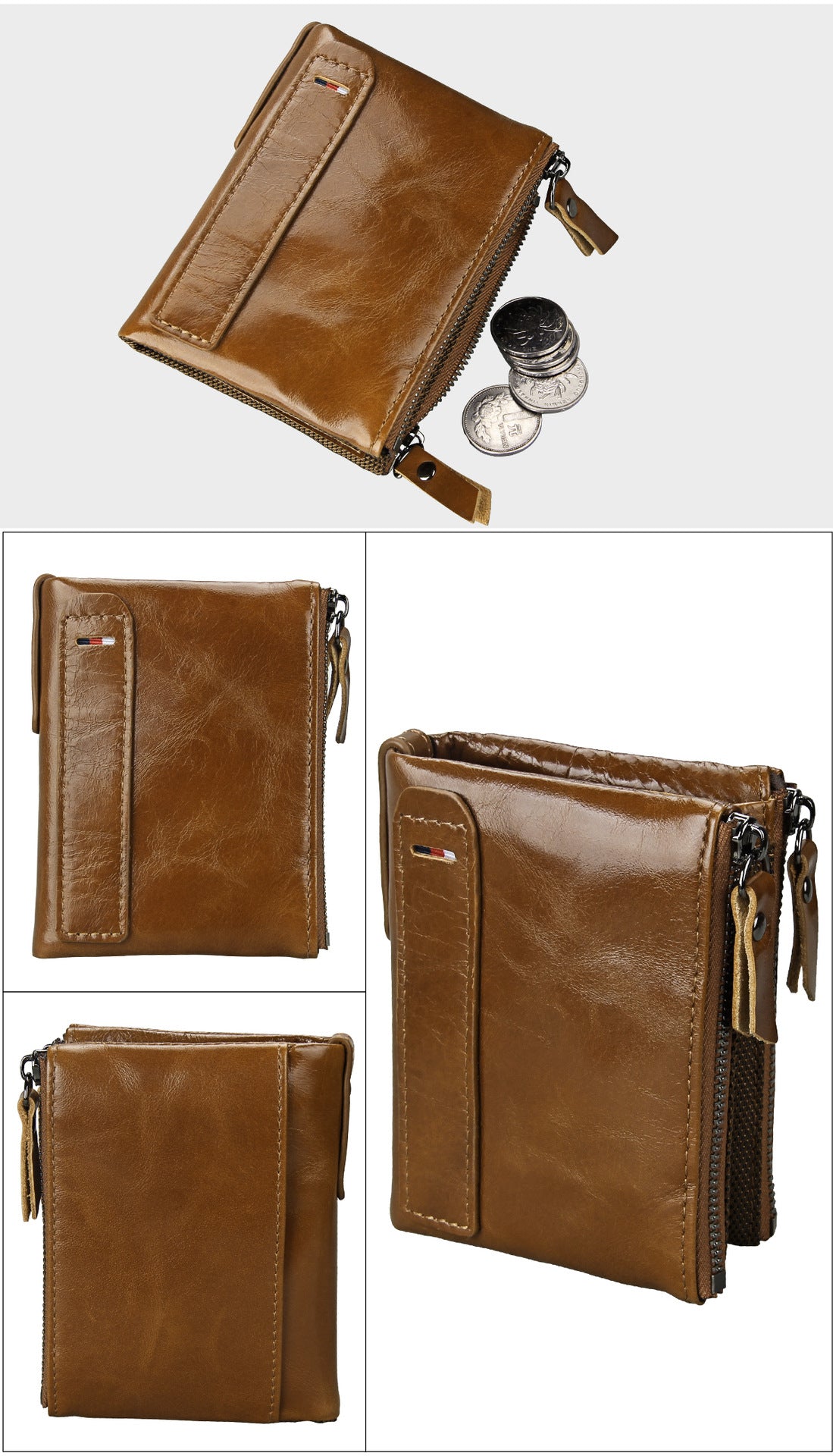 A296  Crazy Horse Leather Men's Wallet RFID-Protected Short-Style Men's Billfold with Dual Zippers and Coin Pocket