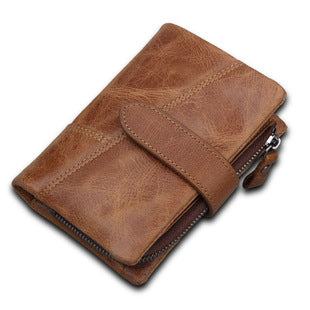 A296  Crazy Horse Leather Men's Wallet RFID-Protected Short-Style Men's Billfold with Dual Zippers and Coin Pocket