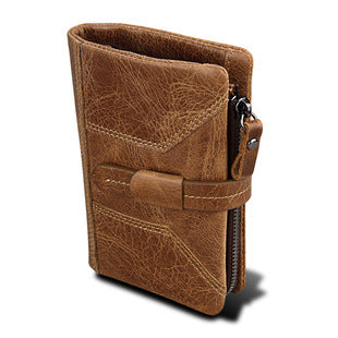 A296  Crazy Horse Leather Men's Wallet RFID-Protected Short-Style Men's Billfold with Dual Zippers and Coin Pocket