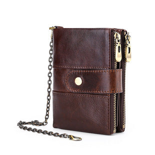 A296  Crazy Horse Leather Men's Wallet RFID-Protected Short-Style Men's Billfold with Dual Zippers and Coin Pocket