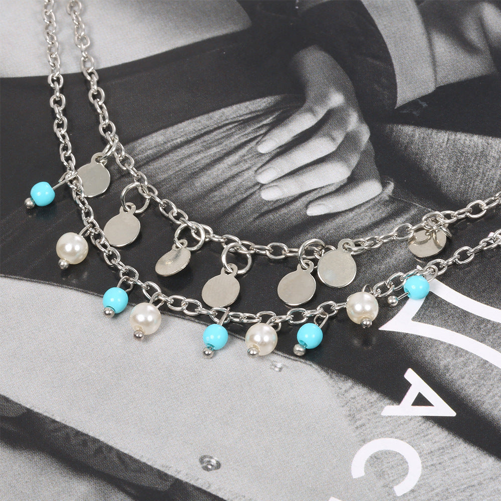 A149*  New Fashionable Turquoise Pearl Round Pendant Double-Layer Ankle Chain