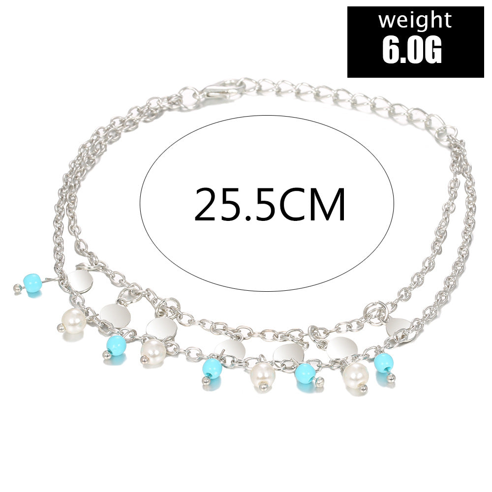 A149*  New Fashionable Turquoise Pearl Round Pendant Double-Layer Ankle Chain