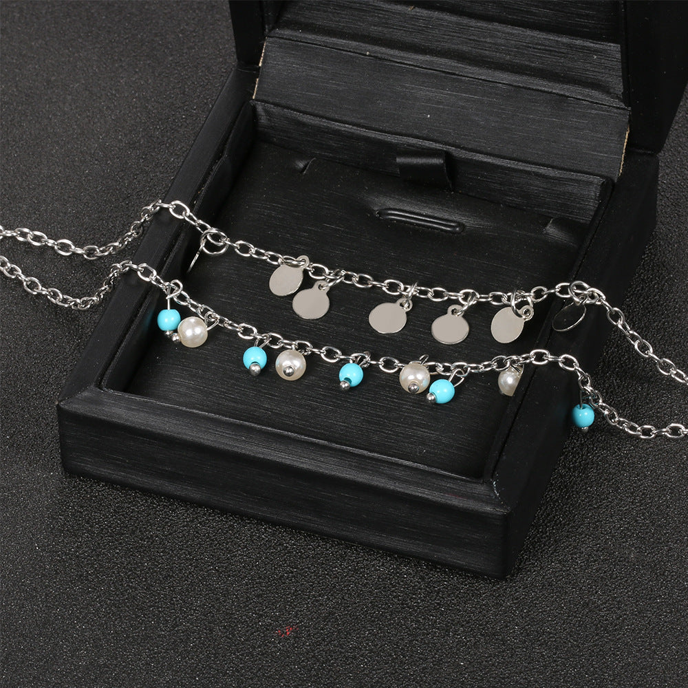 A149*  New Fashionable Turquoise Pearl Round Pendant Double-Layer Ankle Chain