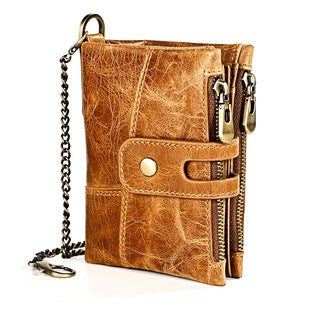 A296  Crazy Horse Leather Men's Wallet RFID-Protected Short-Style Men's Billfold with Dual Zippers and Coin Pocket