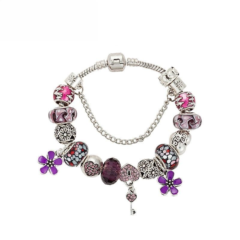 Glass Bead Heart-Shaped Large-Hole Drip-Pattern Flower Bracelet