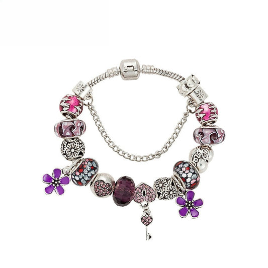 Glass Bead Heart-Shaped Large-Hole Drip-Pattern Flower Bracelet