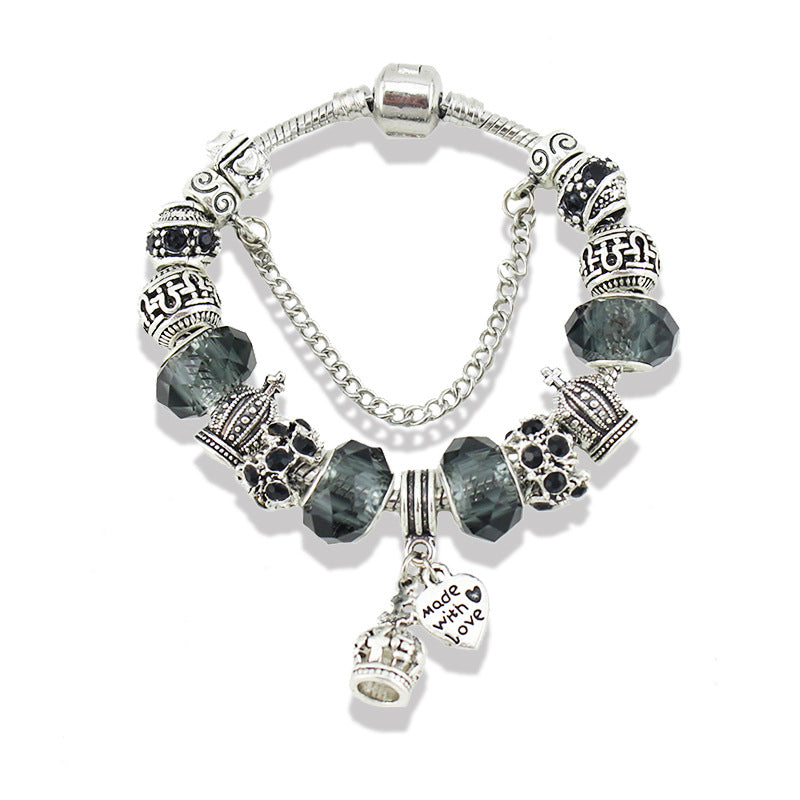 Large-Hole Crystal Glass Bead Crown Pendant Bracelet