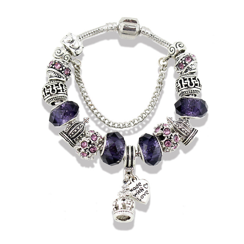 Large-Hole Crystal Glass Bead Crown Pendant Bracelet
