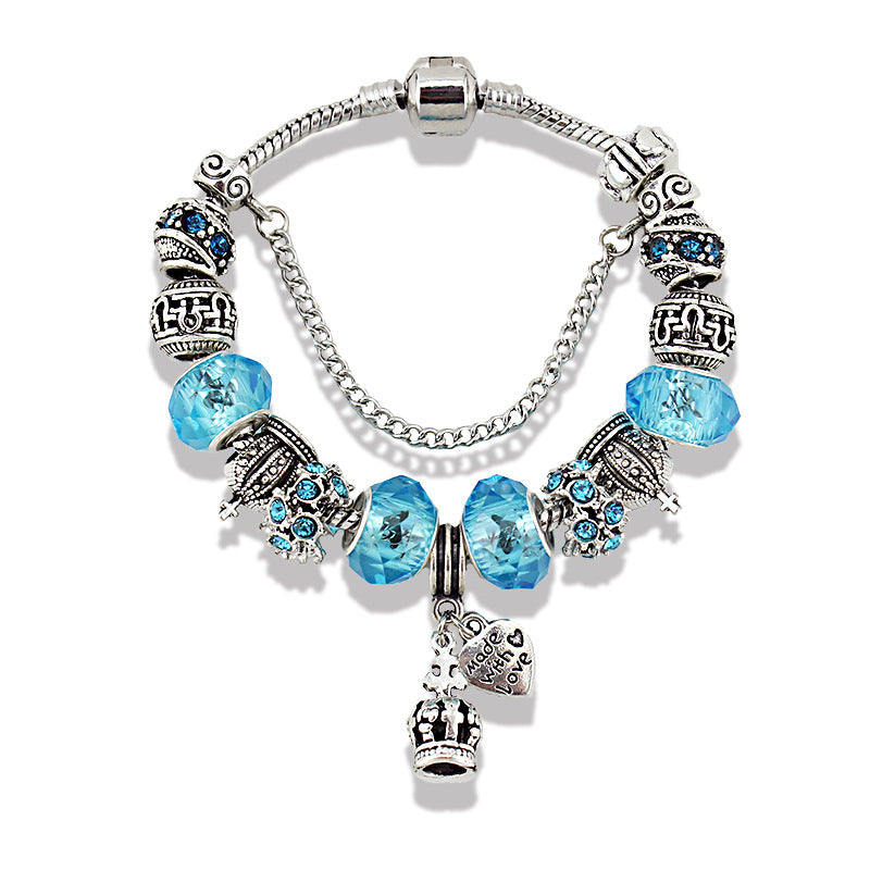 Large-Hole Crystal Glass Bead Crown Pendant Bracelet