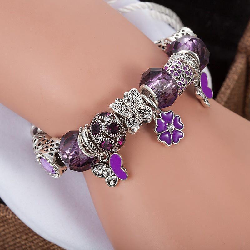 High-Quality New Crystal Bead Bracelet Purple Butterfly Flower Bracelet