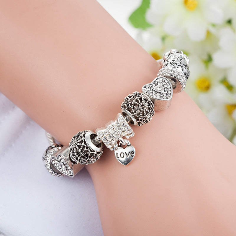 Antique Silver Plated White Diamond-Studded Heart-Shaped Bead Bracelet Bow LOVE Heart-Shaped Pendant Bracelet