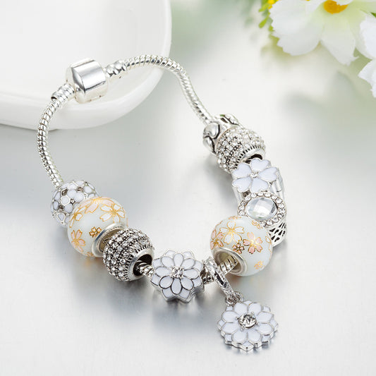 White Diamond-Studded Ball Bead Bracelet White Glass Bead Bracelet with Dripping Floral Design