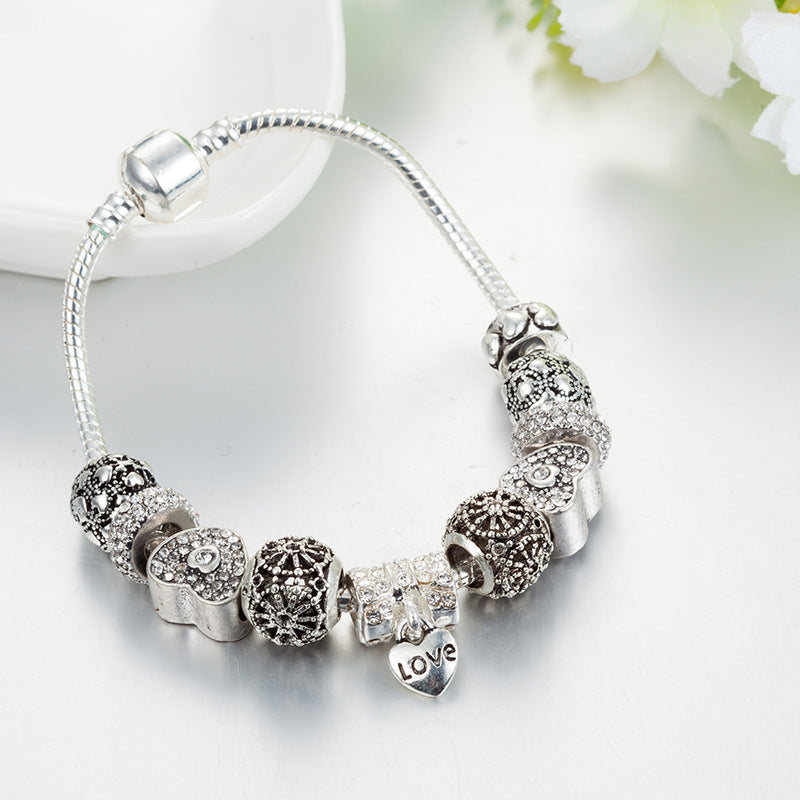 Antique Silver Plated White Diamond-Studded Heart-Shaped Bead Bracelet Bow LOVE Heart-Shaped Pendant Bracelet