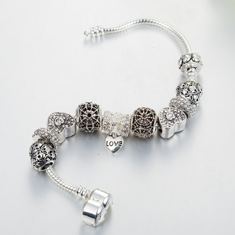 Antique Silver Plated White Diamond-Studded Heart-Shaped Bead Bracelet Bow LOVE Heart-Shaped Pendant Bracelet