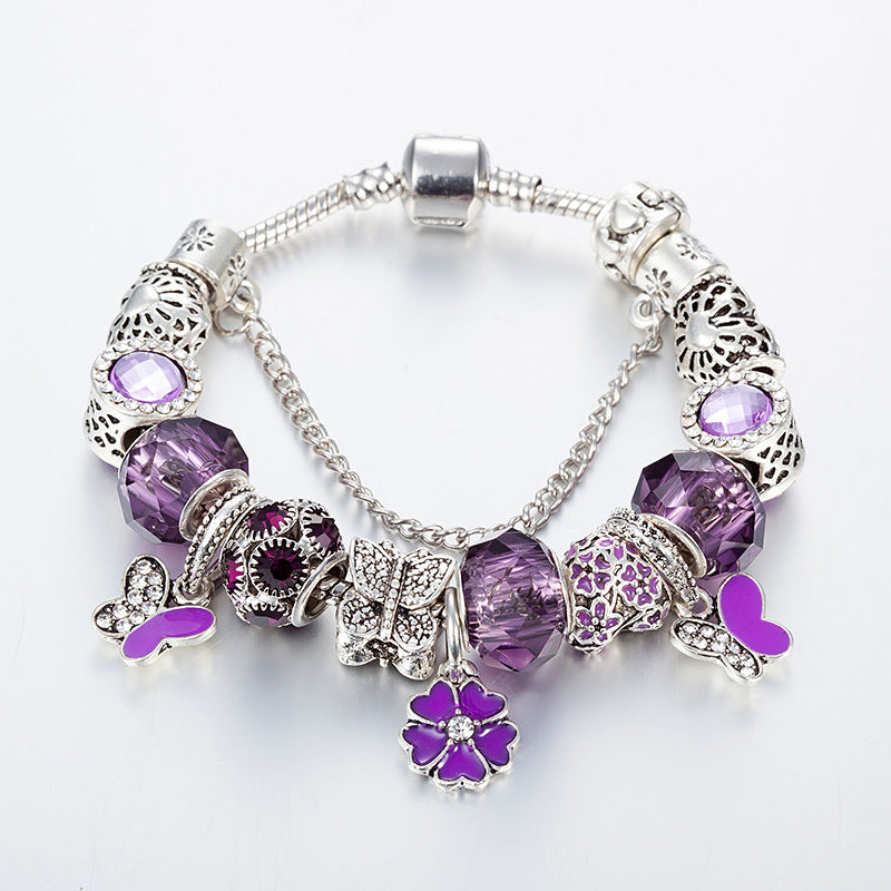 High-Quality New Crystal Bead Bracelet Purple Butterfly Flower Bracelet