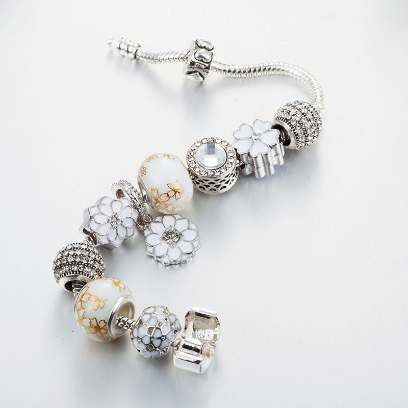 White Diamond-Studded Ball Bead Bracelet White Glass Bead Bracelet with Dripping Floral Design