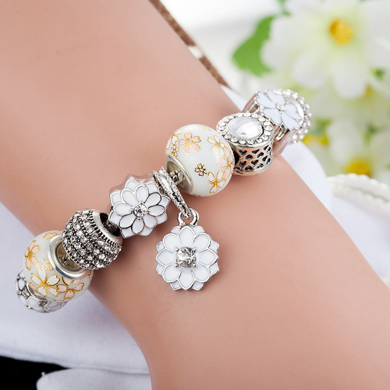 White Diamond-Studded Ball Bead Bracelet White Glass Bead Bracelet with Dripping Floral Design