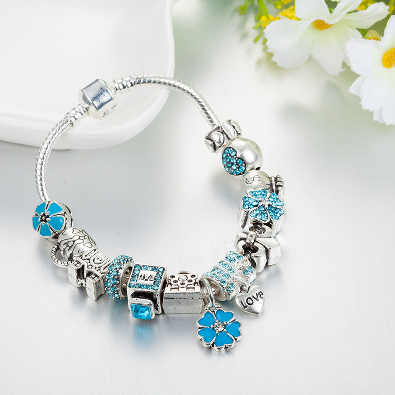 European Style Blue Crystal Charm Bracelet for Women, Silver Plated Snake Chain Bracelet with Flower Pendant & Love Dangle, Fashion Jewelry Gift for Birthday Christmas