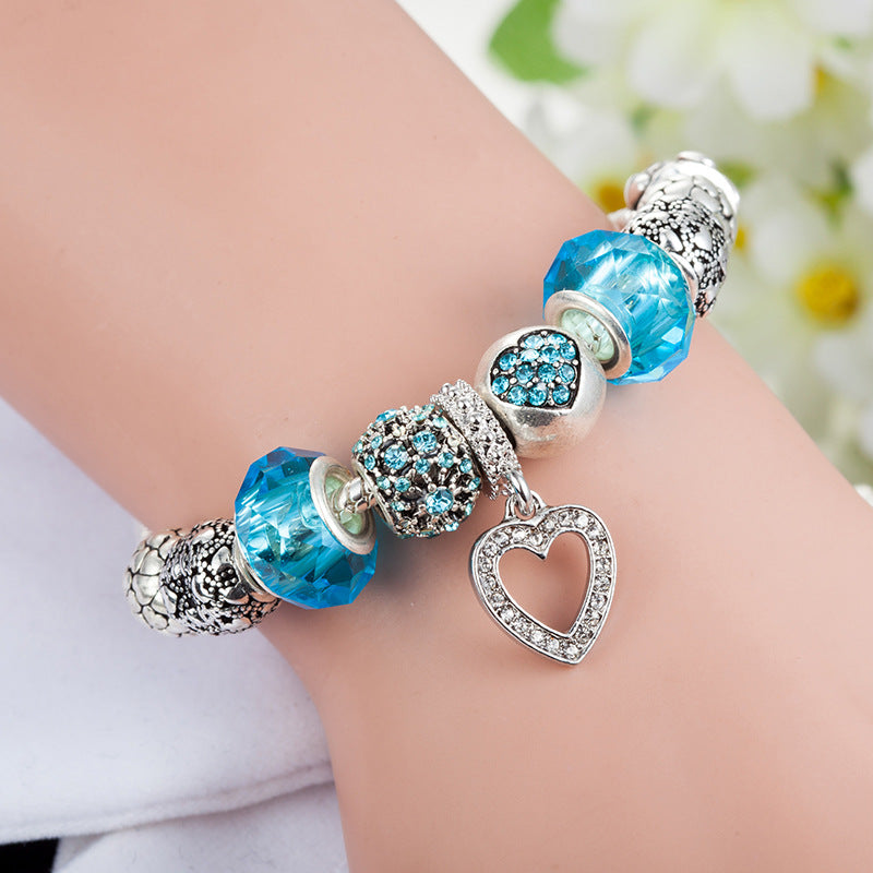 Heart-Shaped Diamond-Studded Pendant Bracelet Blue Crystal Beaded Bracelet
