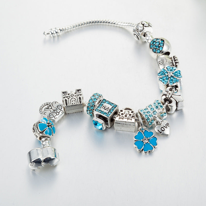European Style Blue Crystal Charm Bracelet for Women, Silver Plated Snake Chain Bracelet with Flower Pendant & Love Dangle, Fashion Jewelry Gift for Birthday Christmas