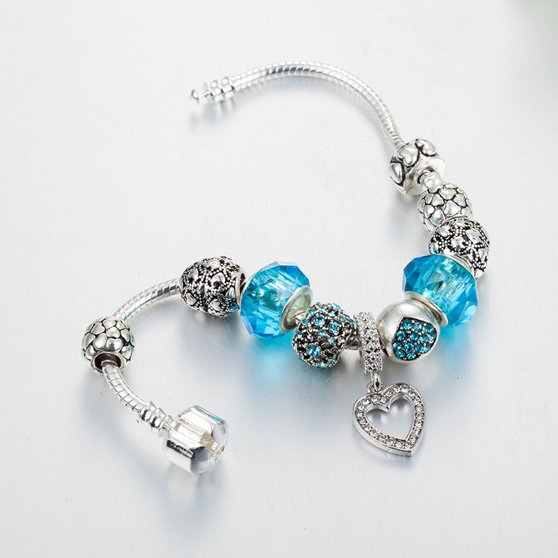Heart-Shaped Diamond-Studded Pendant Bracelet Blue Crystal Beaded Bracelet