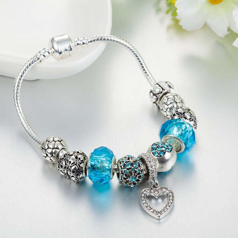 Heart-Shaped Diamond-Studded Pendant Bracelet Blue Crystal Beaded Bracelet