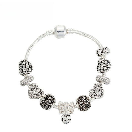 Antique Silver Plated White Diamond-Studded Heart-Shaped Bead Bracelet Bow LOVE Heart-Shaped Pendant Bracelet