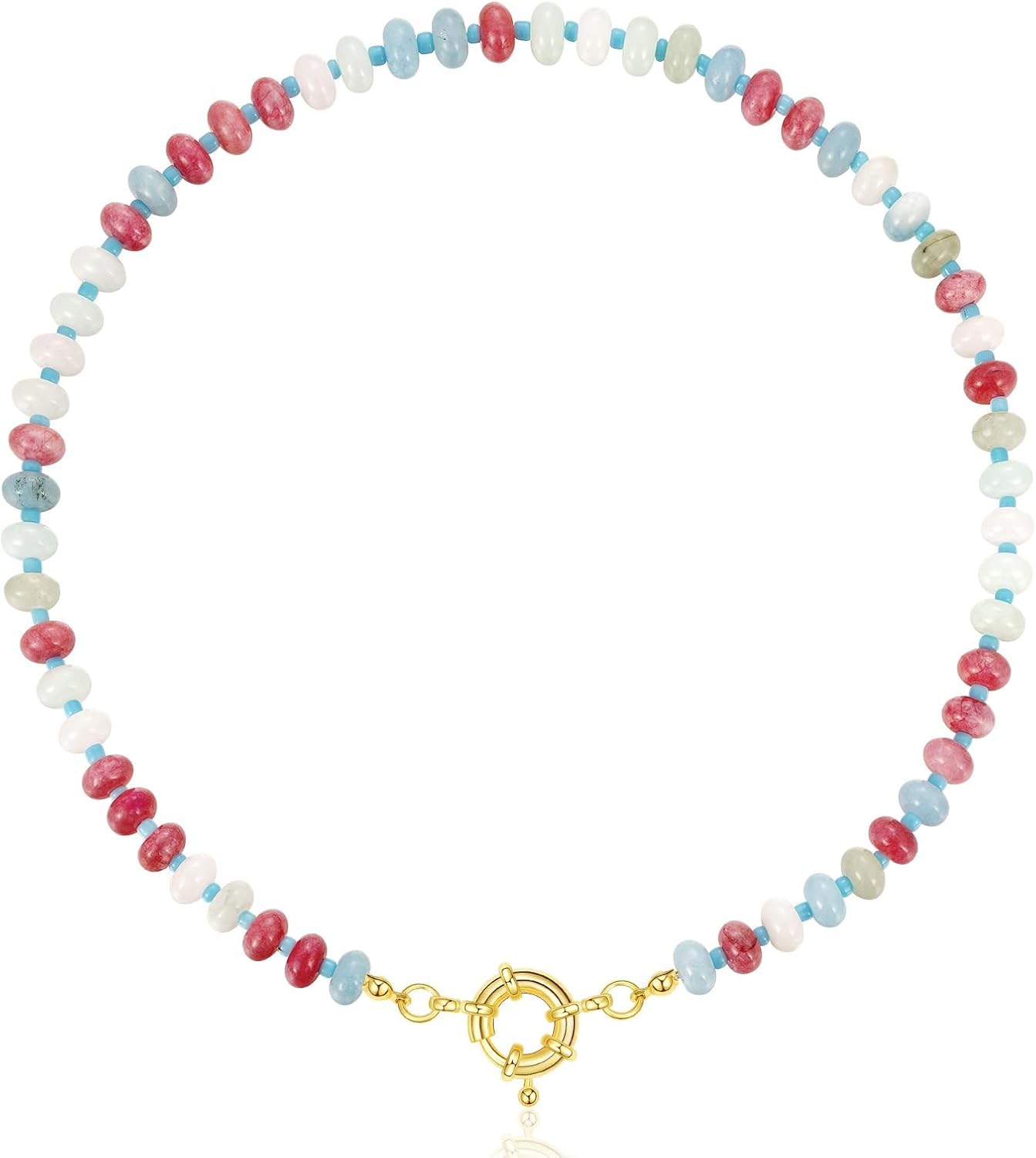 Beaded Gemstone Necklace for Women, Colorful Boho Bead Choker Natural Stone Surfer Beach Necklaces 14K Gold Plated Summer Handmade Jewelry