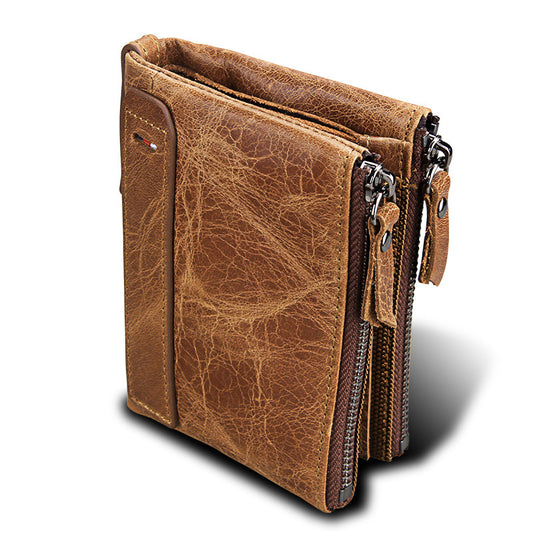 A296  Crazy Horse Leather Men's Wallet RFID-Protected Short-Style Men's Billfold with Dual Zippers and Coin Pocket