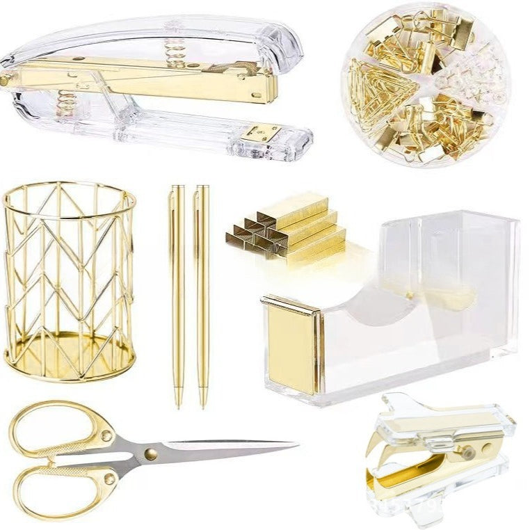 Rose Gold and Gold-Plated Office Desk Accessory Set, including an acrylic stapler set, staple remover, tape dispenser, 2 ballpoint pens, scissors, file folder, paper clips, staples, and storage box.