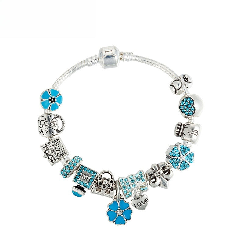 European Style Blue Crystal Charm Bracelet for Women, Silver Plated Snake Chain Bracelet with Flower Pendant & Love Dangle, Fashion Jewelry Gift for Birthday Christmas