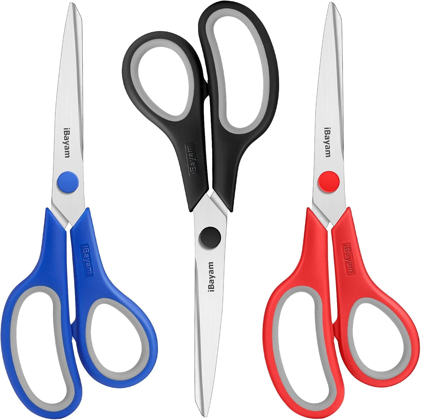 A327  Scissors, iBayam 8" All Purpose Scissors Bulk 3-Pack, Ultra Sharp 2.5mm Thick Blade Shears Comfort-Grip for Office Desk Accessories Sewing Fabric Home Craft Teacher School Supplies, Right/Left Handed
