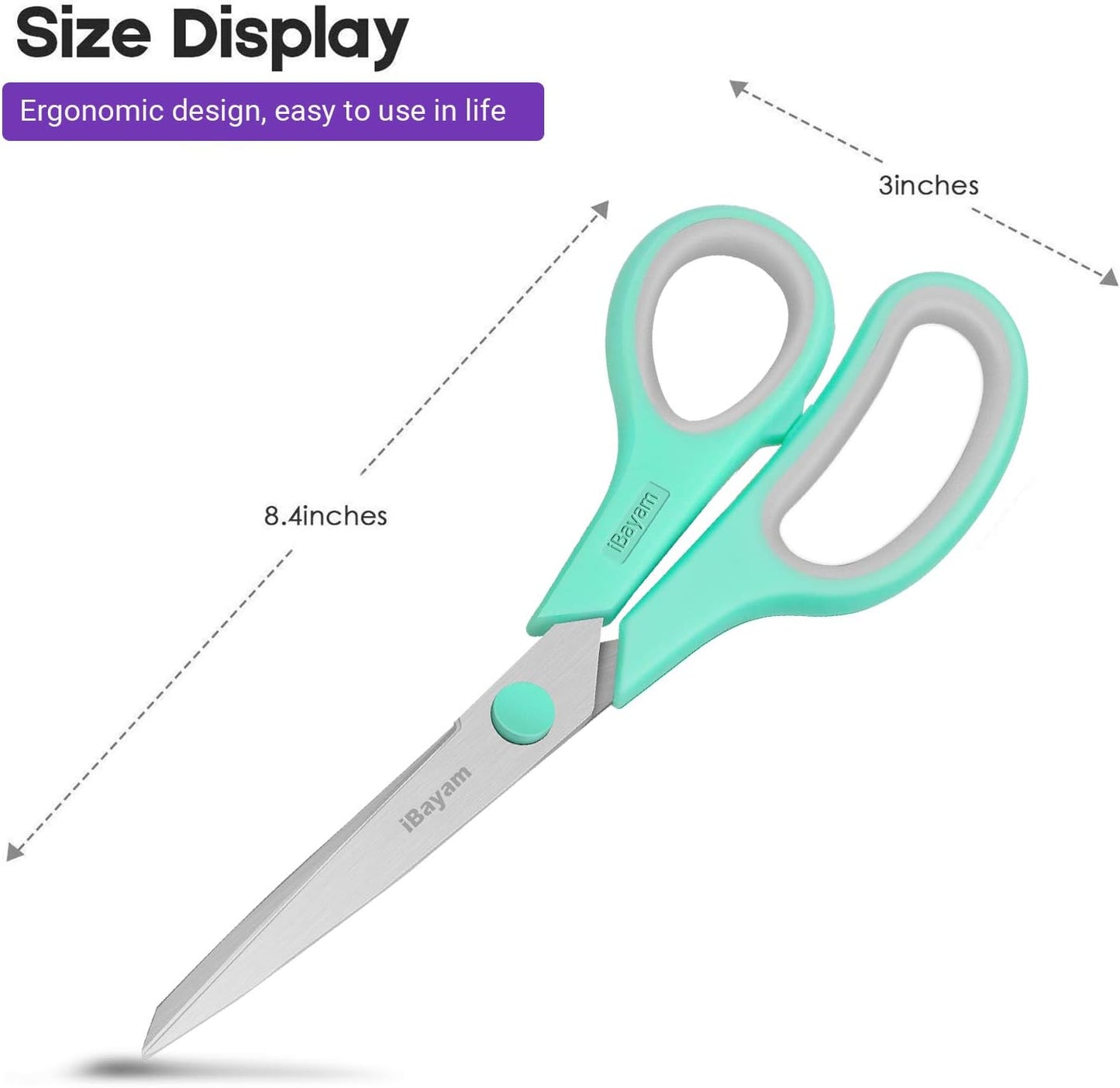 A327  Scissors, iBayam 8" All Purpose Scissors Bulk 3-Pack, Ultra Sharp 2.5mm Thick Blade Shears Comfort-Grip for Office Desk Accessories Sewing Fabric Home Craft Teacher School Supplies, Right/Left Handed