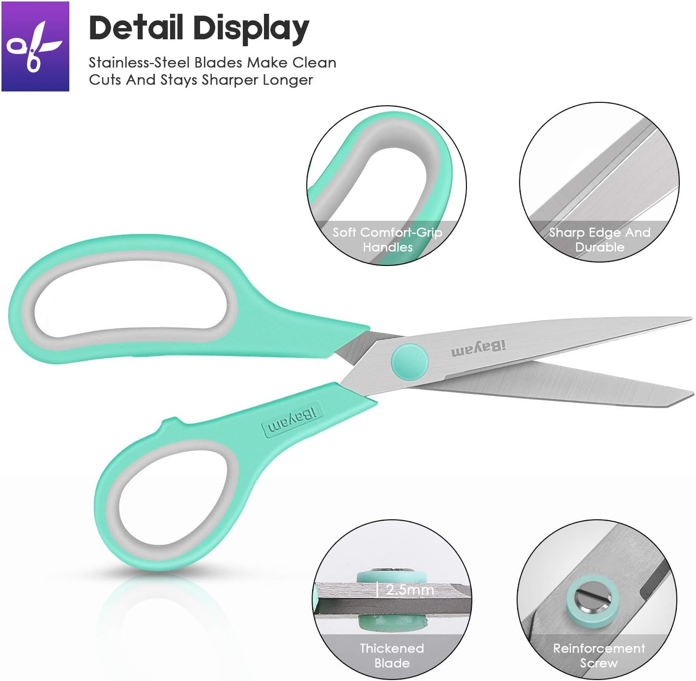 A327  Scissors, iBayam 8" All Purpose Scissors Bulk 3-Pack, Ultra Sharp 2.5mm Thick Blade Shears Comfort-Grip for Office Desk Accessories Sewing Fabric Home Craft Teacher School Supplies, Right/Left Handed