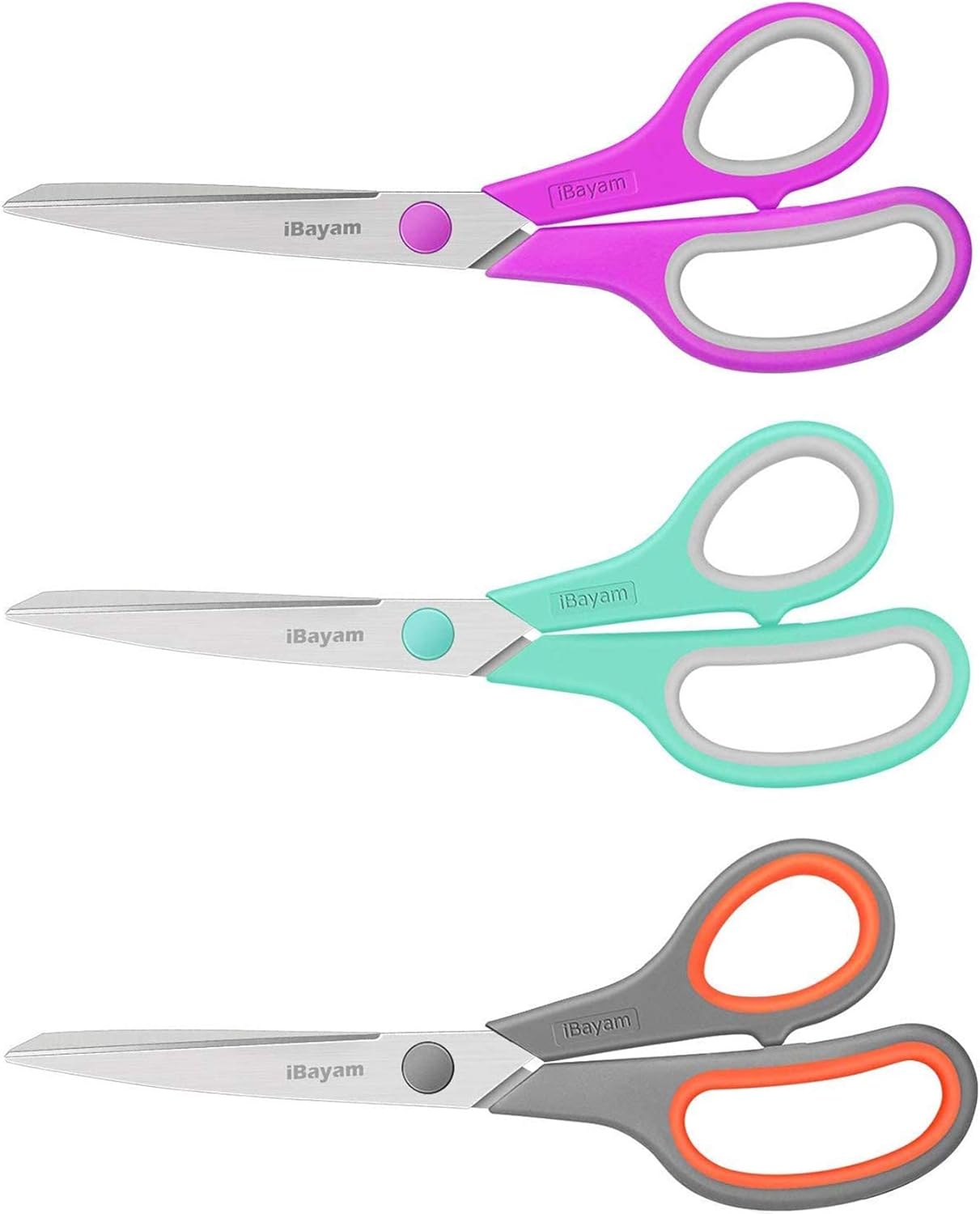 A327  Scissors, iBayam 8" All Purpose Scissors Bulk 3-Pack, Ultra Sharp 2.5mm Thick Blade Shears Comfort-Grip for Office Desk Accessories Sewing Fabric Home Craft Teacher School Supplies, Right/Left Handed