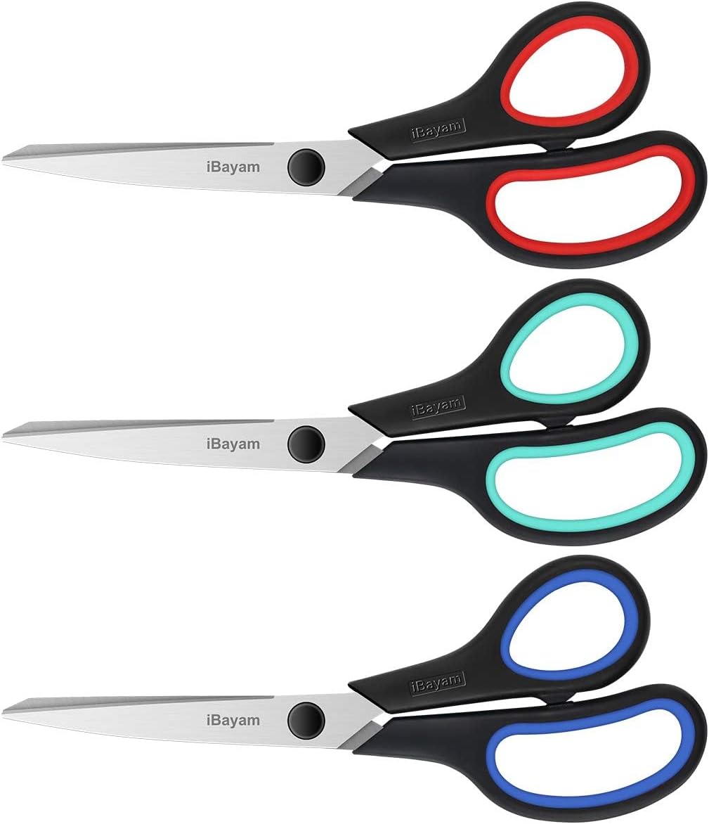 A327  Scissors, iBayam 8" All Purpose Scissors Bulk 3-Pack, Ultra Sharp 2.5mm Thick Blade Shears Comfort-Grip for Office Desk Accessories Sewing Fabric Home Craft Teacher School Supplies, Right/Left Handed