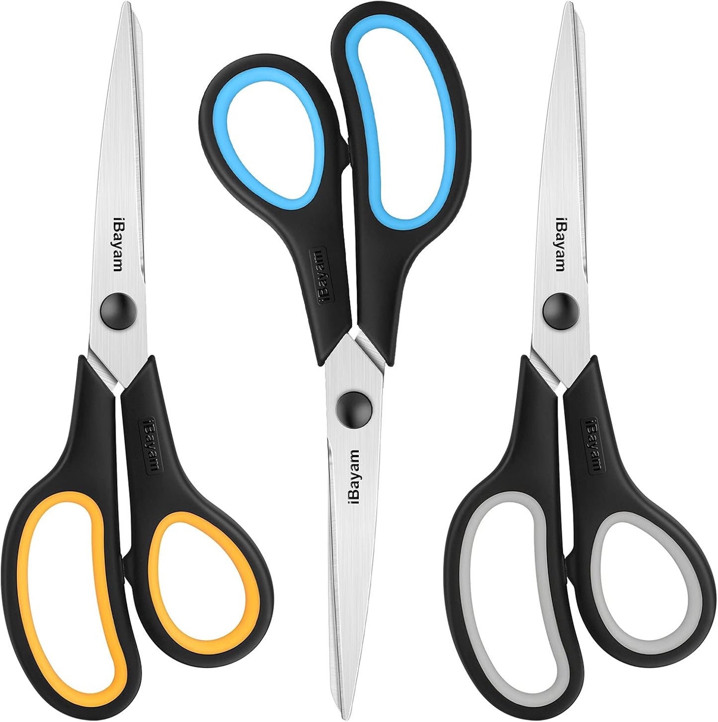 A327  Scissors, iBayam 8" All Purpose Scissors Bulk 3-Pack, Ultra Sharp 2.5mm Thick Blade Shears Comfort-Grip for Office Desk Accessories Sewing Fabric Home Craft Teacher School Supplies, Right/Left Handed