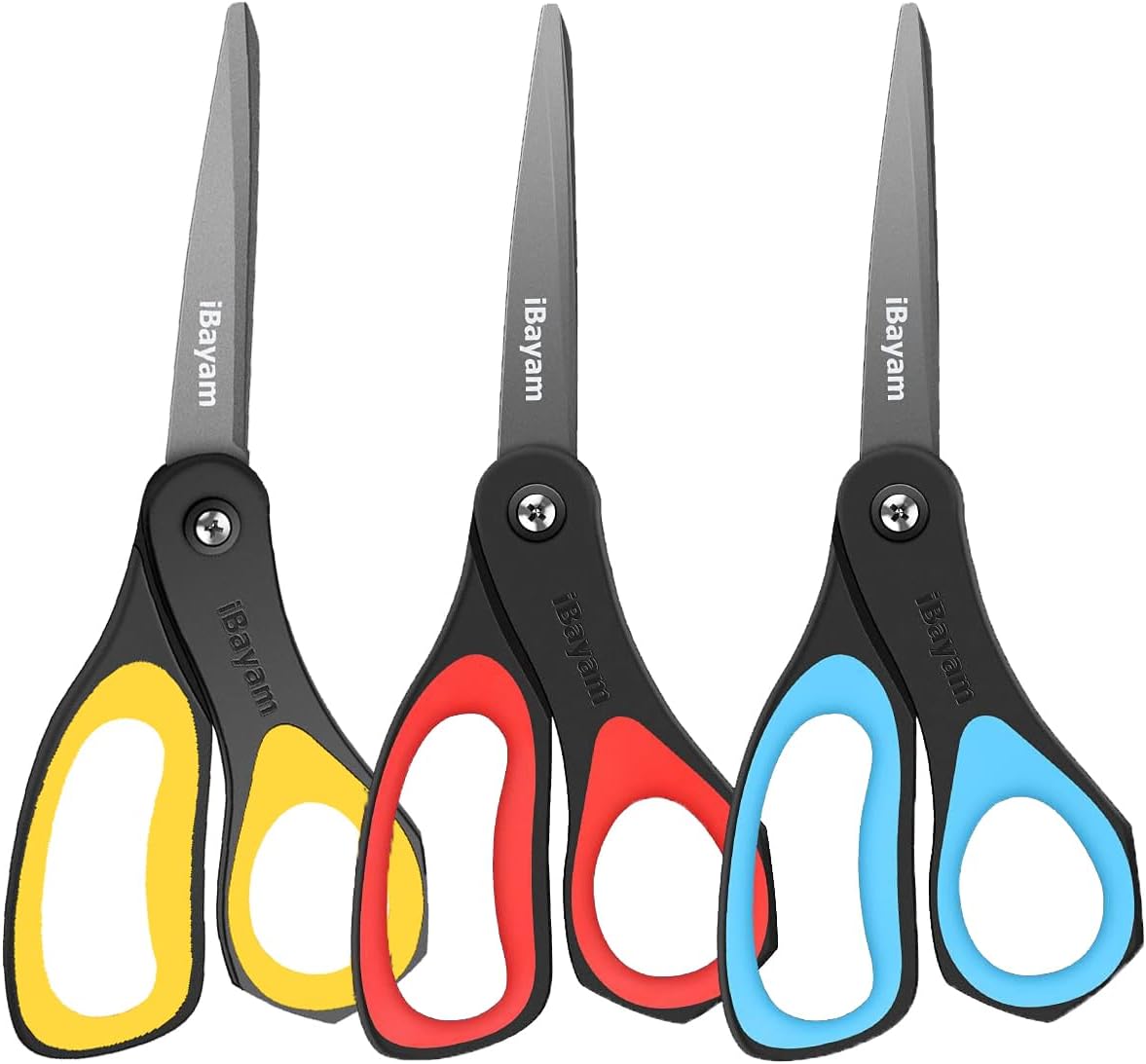 A327  Scissors, iBayam 8" All Purpose Scissors Bulk 3-Pack, Ultra Sharp 2.5mm Thick Blade Shears Comfort-Grip for Office Desk Accessories Sewing Fabric Home Craft Teacher School Supplies, Right/Left Handed