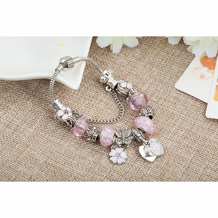 Pink Dripping Flower Crystal Glass Bead Bracelet Angel Heart-Shaped Pendant Bracelet