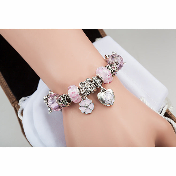 Pink Dripping Flower Crystal Glass Bead Bracelet Angel Heart-Shaped Pendant Bracelet