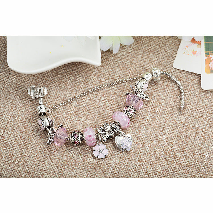 Pink Dripping Flower Crystal Glass Bead Bracelet Angel Heart-Shaped Pendant Bracelet