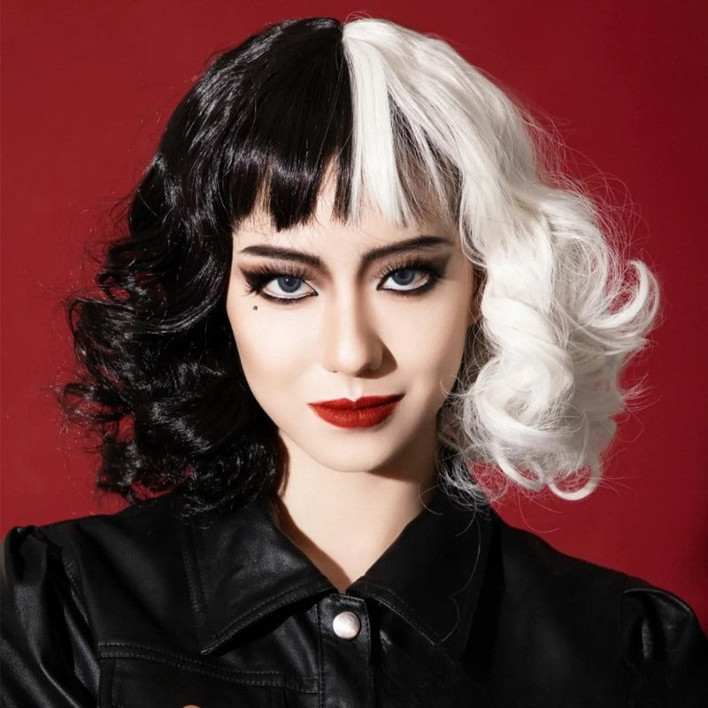 A343  Black and White Short Curly Wig with Bangs Synthetic Cosplay Wig for Cruella Costume Party Daily Use
