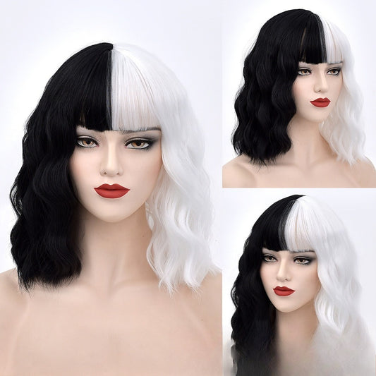 A275  Anime Party Cos Cruella Wig, Black and White Medium Long Hair, Costume Play Wig